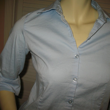 Womens Tops Light BLUE Collar Collared 1/2 Sleeve Button Down Career Work Office Wear Attire TOP Small Women Clothes Clothing Casual Casuals Fashion Wear