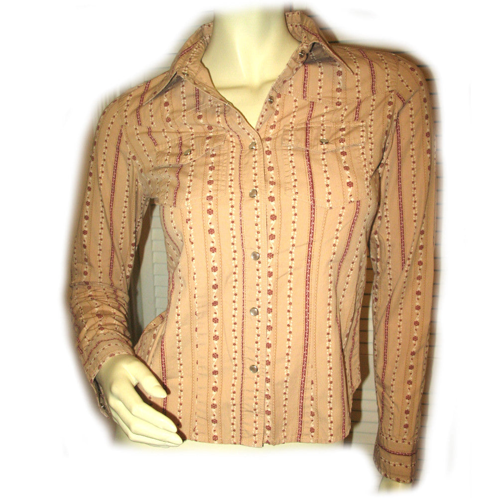 Womens Tops RUBBISH Beige Brown Red Maroon Floral Stripe Striped Long Sleeve Button Down Cowboy Cowgirl Collar TOP Clothes