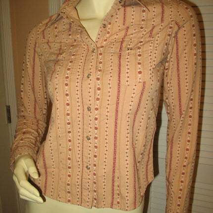 Womens Tops RUBBISH Beige Light Brown Red Maroon Floral Flowers Prints Stripe Striped Pattern Long Sleeve Button Down Collar Collared Shirt Cowboy Cowgirl Attire TOP SHIRT 100% Cotton Clothes Clothing Career Office Business Wear