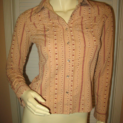 Womens Tops RUBBISH Beige Light Brown Red Maroon Floral Flowers Prints Stripe Striped Pattern Long Sleeve Button Down Collar Collared Shirt Cowboy Cowgirl Attire TOP SHIRT 100% Cotton Clothes Clothing Career Office Business Wear