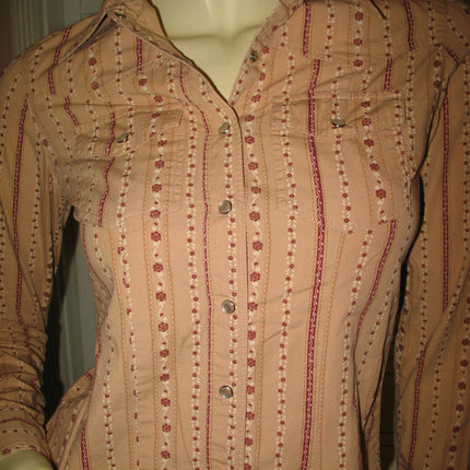 Womens Tops RUBBISH Beige Light Brown Red Maroon Floral Flowers Prints Stripe Striped Pattern Long Sleeve Button Down Collar Collared Shirt Cowboy Cowgirl Attire TOP SHIRT 100% Cotton Clothes Clothing Career Office Business Wear