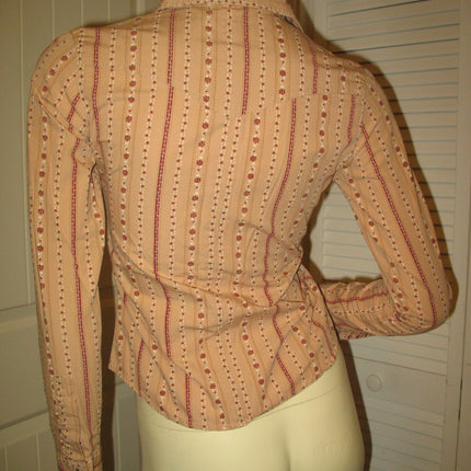 Womens Tops RUBBISH Beige Light Brown Red Maroon Floral Flowers Prints Stripe Striped Pattern Long Sleeve Button Down Collar Collared Shirt Cowboy Cowgirl Attire TOP SHIRT 100% Cotton Clothes Clothing Career Office Business Wear