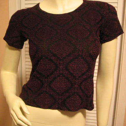 MADE In USA Womens Tops BLACK Purple RED Pattern Short Sleeve NYLON TOP Blouse Casual Clothes Small