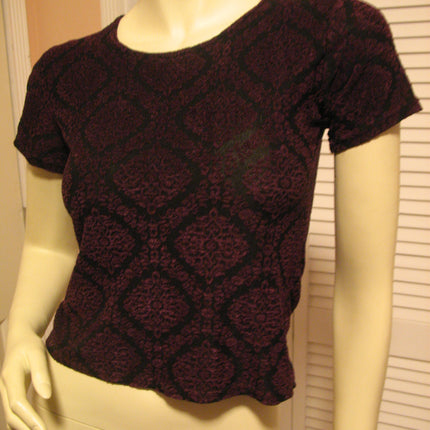 MADE In USA Womens Tops BLACK Purple RED Pattern Short Sleeve NYLON TOP Blouse Casual Clothes Small