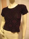 MADE In USA Womens Tops BLACK Purple RED Pattern Short Sleeve NYLON TOP Blouse Casual Clothes Small
