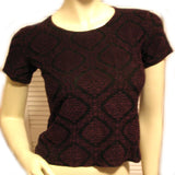 MADE In USA Womens Tops BLACK Purple RED Diamond Diamonds Geometric Pattern Short Sleeve NYLON Blend TOP Blouse Casual Clothes size Small Women Cheap Affordable Clothing Casuals Wear