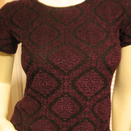 MADE In USA Womens Tops BLACK Purple RED Diamond Diamonds Geometric Pattern Short Sleeve NYLON Blend TOP Blouse Casual Clothes size Small Women Cheap Affordable Clothing Casuals Wear