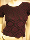 MADE In USA Womens Tops BLACK Purple RED Diamond Diamonds Geometric Pattern Short Sleeve NYLON Blend TOP Blouse Casual Clothes size Small Women Cheap Affordable Clothing Casuals Wear