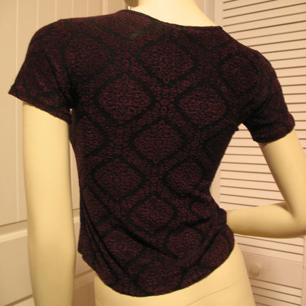 MADE In USA Womens Tops BLACK Purple RED Pattern Short Sleeve NYLON TOP Blouse Casual Clothes Small