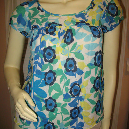 Womens Tops Multi Color Colored BLUE WHITE GREEN Yellow Floral Flower Flowers Print Prints Printed Cap Sleeve 100% COTTON Fabric TOP Summer Tops size Medium Women Casual Wear Cheap Affordable Clothes Clothing Wears