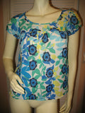 Womens Tops Multi Color Colored BLUE WHITE GREEN Yellow Floral Flower Flowers Print Prints Printed Cap Sleeve 100% COTTON Fabric TOP Summer Tops size Medium Women Casual Wear Cheap Affordable Clothes Clothing Wears