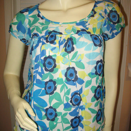 Womens Tops Multi Color Colored BLUE WHITE GREEN Yellow Floral Flower Flowers Print Prints Printed Cap Sleeve 100% COTTON Fabric TOP Summer Tops size Medium Women Casual Wear Cheap Affordable Clothes Clothing Wears