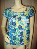 Womens Tops Multi Color Colored BLUE WHITE GREEN Yellow Floral Flower Flowers Print Prints Printed Cap Sleeve 100% COTTON Fabric TOP Summer Tops size Medium Women Casual Wear Cheap Affordable Clothes Clothing Wears
