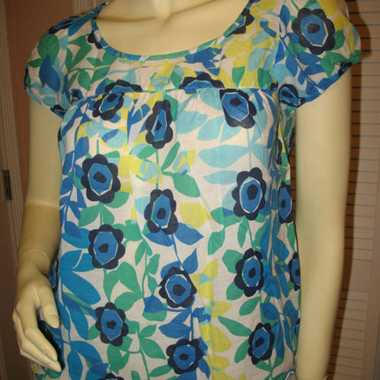 Womens Tops Multi Color Colored BLUE WHITE GREEN Yellow Floral Flower Flowers Print Prints Printed Cap Sleeve 100% COTTON Fabric TOP Summer Tops size Medium Women Casual Wear Cheap Affordable Clothes Clothing Wears