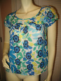 Womens Tops Multi Color Colored BLUE WHITE GREEN Yellow Floral Flower Flowers Print Prints Printed Cap Sleeve 100% COTTON Fabric TOP Summer Tops size Medium Women Casual Wear Cheap Affordable Clothes Clothing Wears