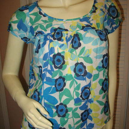 Womens Tops Multi Color Colored BLUE WHITE GREEN Yellow Floral Flower Flowers Print Prints Printed Cap Sleeve 100% COTTON Fabric TOP Summer Tops size Medium Women Casual Wear Cheap Affordable Clothes Clothing Wears