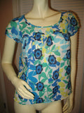 Womens Tops Multi Color Colored BLUE WHITE GREEN Yellow Floral Flower Flowers Print Prints Printed Cap Sleeve 100% COTTON Fabric TOP Summer Tops size Medium Women Casual Wear Cheap Affordable Clothes Clothing Wears