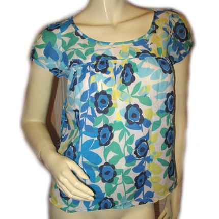 Womens Tops Multi Color Colored BLUE WHITE GREEN Yellow Floral Flower Flowers Print Prints Printed Cap Sleeve 100% COTTON Fabric TOP Summer Tops size Medium Women Casual Wear Cheap Affordable Clothes Clothing Wears