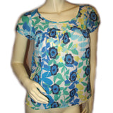 Womens Tops Multi Color Colored BLUE WHITE GREEN Yellow Floral Flower Flowers Print Prints Printed Cap Sleeve 100% COTTON Fabric TOP Summer Tops size Medium Women Casual Wear Cheap Affordable Clothes Clothing Wears