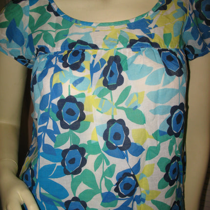 Womens Tops Multi Color Colored BLUE WHITE GREEN Yellow Floral Flower Flowers Print Prints Printed Cap Sleeve 100% COTTON Fabric TOP Summer Tops size Medium Women Casual Wear Cheap Affordable Clothes Clothing Wears