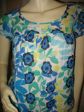 Womens Tops Multi Color Colored BLUE WHITE GREEN Yellow Floral Flower Flowers Print Prints Printed Cap Sleeve 100% COTTON Fabric TOP Summer Tops size Medium Women Casual Wear Cheap Affordable Clothes Clothing Wears