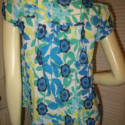 Womens Tops Multi Color Colored BLUE WHITE GREEN Yellow Floral Flower Flowers Print Prints Printed Cap Sleeve 100% COTTON Fabric TOP Summer Tops size Medium Women Casual Wear Cheap Affordable Clothes Clothing Wears