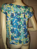 Womens Tops Multi Color Colored BLUE WHITE GREEN Yellow Floral Flower Flowers Print Prints Printed Cap Sleeve 100% COTTON Fabric TOP Summer Tops size Medium Women Casual Wear Cheap Affordable Clothes Clothing Wears