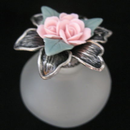 AVON NEW 2001 VICTORIAN PERFUME FRAGRANCE Empty Frost Frosted GLASS BOTTLE PINK ROSE ROSES Floral Flower Flowers SILVER PEWTER Collectibles Bottles Collectors Home Bed Bath Decors Decorations