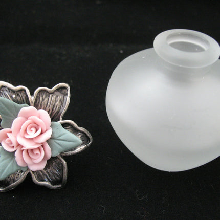 AVON NEW 2001 VICTORIAN PERFUME FRAGRANCE Empty Frost Frosted GLASS BOTTLE PINK ROSE ROSES Floral Flower Flowers SILVER PEWTER Collectibles Bottles Collectors Home Bed Bath Decors Decorations