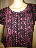 NEW Womens Crop Top Shirt Tee Pink Black Short Sleeve Ethnic Pattern Print size Medium