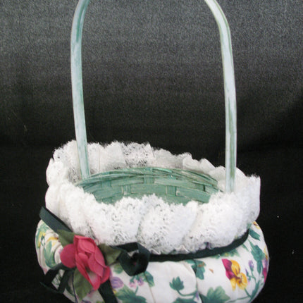 9" NEW FLORAL FLOWERS SCENTED NATURAL WOVEN Green BASKET Container White LACE
