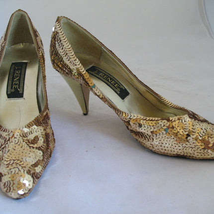 J.RENEE New With Defect Womens Metallic Yellow Gold Sequin Shoes 3in High Heels Sequins Upper Women's Ladies Classics Pumps Size 6M 6 M