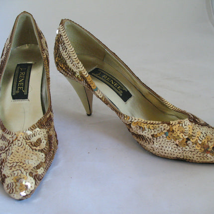 J.RENEE New With Defect Womens Metallic Yellow Gold Sequin Shoes 3in High Heels Sequins Upper Women's Ladies Classics Pumps Size 6M 6 M