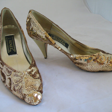 J.RENEE New With Defect Womens Metallic Yellow Gold Sequin Shoes 3in High Heels Sequins Upper Women's Ladies Classics Pumps Size 6M 6 M