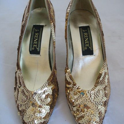 J.RENEE New With Defect Womens Metallic Yellow Gold Sequin Shoes 3in High Heels Sequins Upper Women's Ladies Classics Pumps Size 6M 6 M