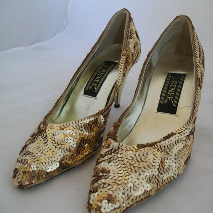J.RENEE New With Defect Womens Metallic Yellow Gold Sequin Shoes 3in High Heels Sequins Upper Women's Ladies Classics Pumps Size 6M 6 M