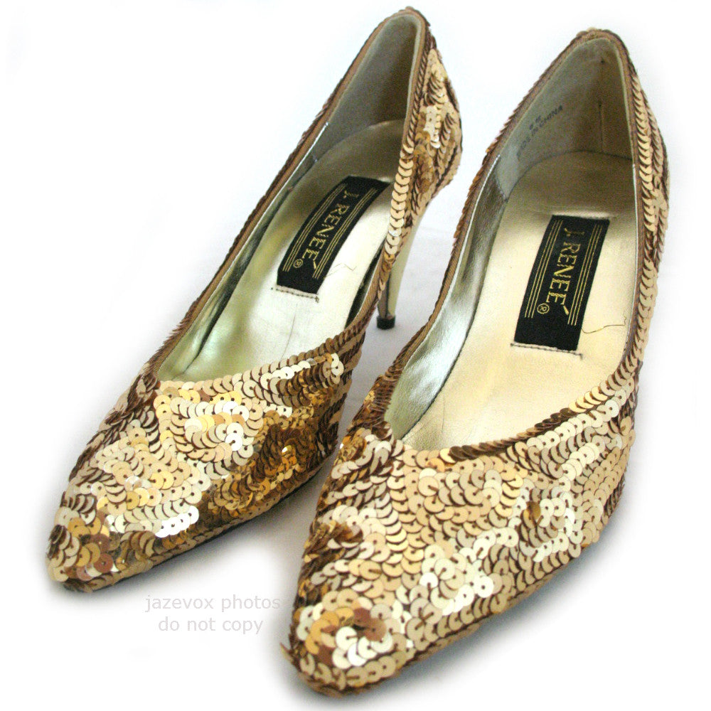 J.RENEE New With Defect Womens Metallic Yellow Gold Sequin Shoes 3in High Heels Sequins Upper Ladies Classics Pumps Size 6M 6 M