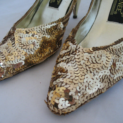 J.RENEE New With Defect Womens Metallic Yellow Gold Sequin Shoes 3in High Heels Sequins Upper Women's Ladies Classics Pumps Size 6M 6 M