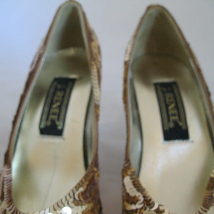 J.RENEE New With Defect Womens Metallic Yellow Gold Sequin Shoes 3in High Heels Sequins Upper Ladies Classics Pumps Size 6M 6 M