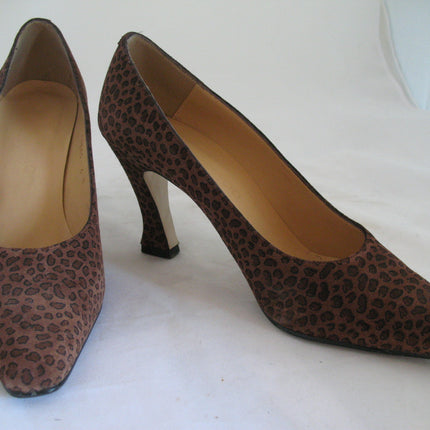Womens Shoes BROWN ANIMAL PRINT PATTERN Made SPAIN Womens Ladies 3-1/8in HIGH HEELS SHOES size 6 B