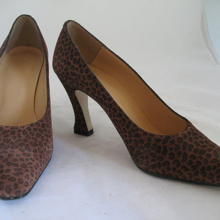 Womens Shoes BROWN ANIMAL PRINT PATTERN Made SPAIN Womens Ladies 3-1/8in HIGH HEELS SHOES size 6 B