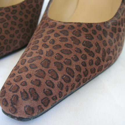 Womens Shoes BROWN ANIMAL PRINT PATTERN Made SPAIN Womens Ladies 3-1/8in HIGH HEELS SHOES size 6 B
