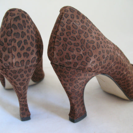 Womens Shoes BROWN ANIMAL PRINT PATTERN Made SPAIN Womens Ladies 3-1/8in HIGH HEELS SHOES size 6 B