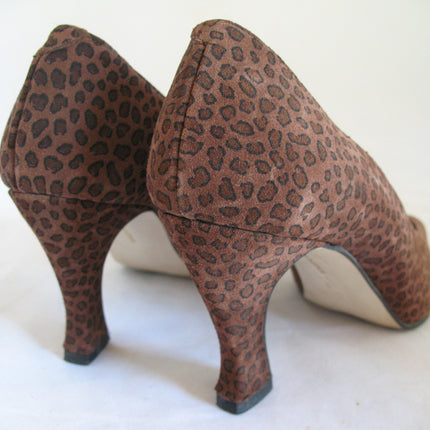 Womens Shoes BROWN ANIMAL PRINT PATTERN Made SPAIN Womens Ladies 3-1/8in HIGH HEELS SHOES size 6 B