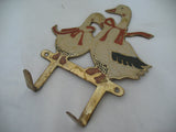 VINTAGE Old BRASS METAL Enamel DUCK GOOSE GEESE DUCKLING Wall Hanging Hook Hang