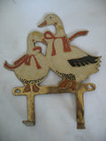 VINTAGE Old BRASS METAL Enamel DUCK GOOSE GEESE DUCKLING Wall Hanging Hook Hang