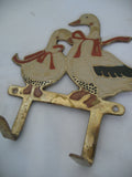 VINTAGE Old BRASS METAL Enamel DUCK GOOSE GEESE DUCKLING Wall Hanging Hook Hang
