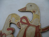 VINTAGE Old BRASS METAL Enamel DUCK GOOSE GEESE DUCKLING Wall Hanging Hook Hang