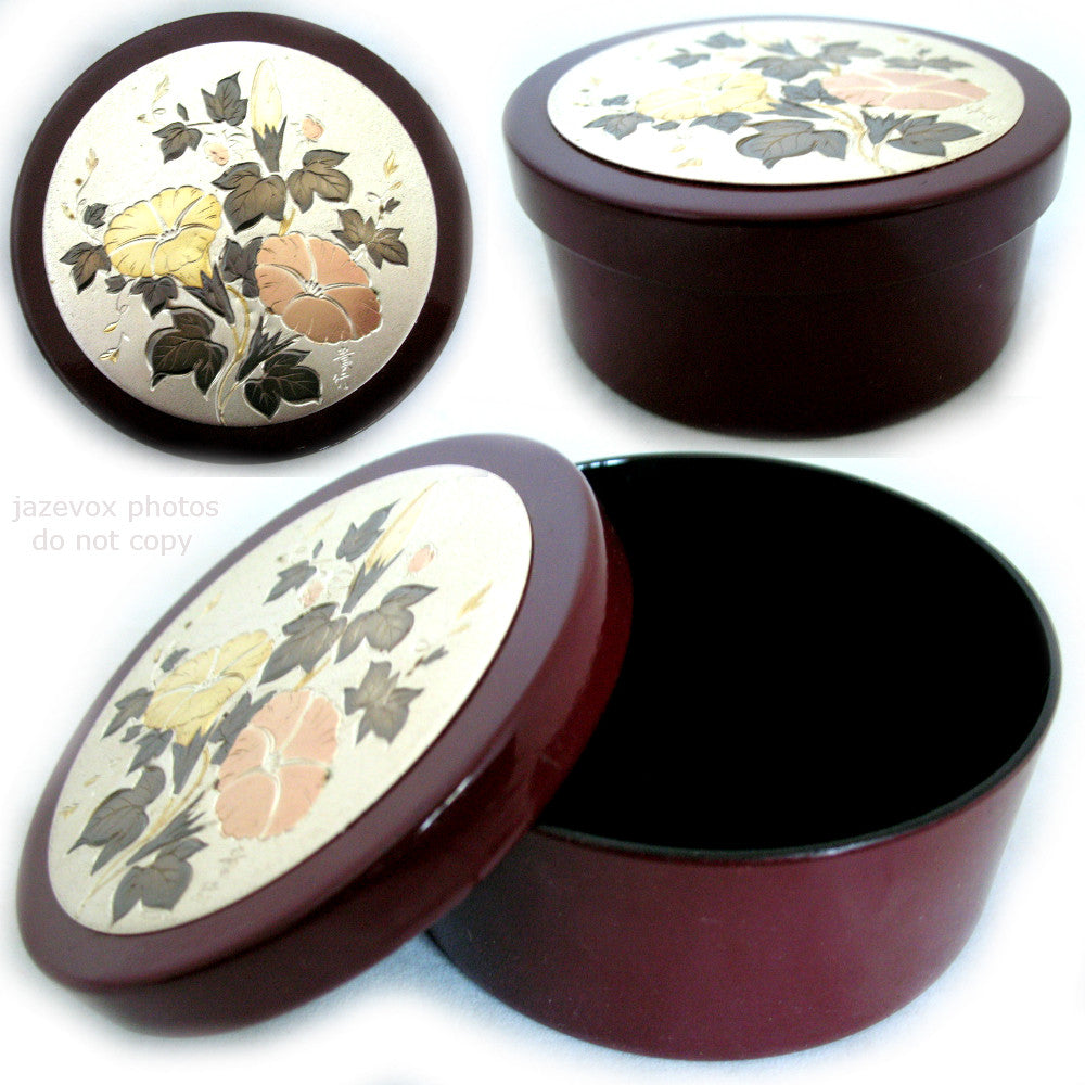 RED Maroon ROUND Box CONTAINER CONTAINERS Jewelry Trinket Storage Etched Asian Floral Flowers