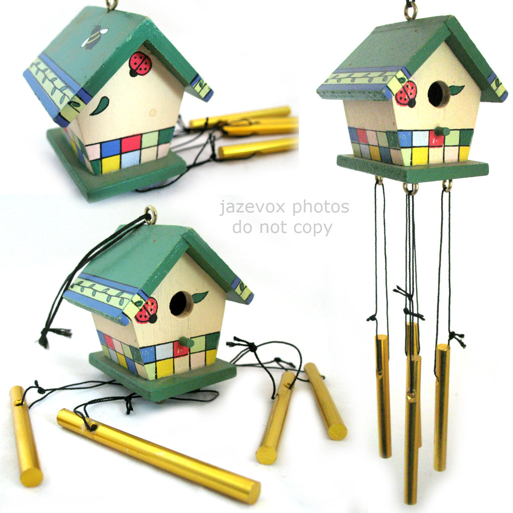 NEW Wood Wooden BIRD HOUSE BIRDHOUSE WIND CHIME WINDCHIME Garden Hanging Decor